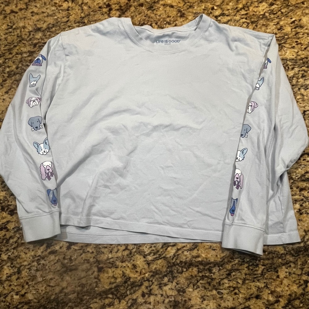 Life is Good Crusher Long Sleeve Shirt Womens XL Blue Dog Sleeve Tee Cropped